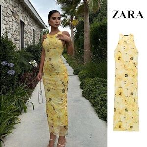 ZARA | Yellow Floral Meshed Lines Open Twist Back Dress